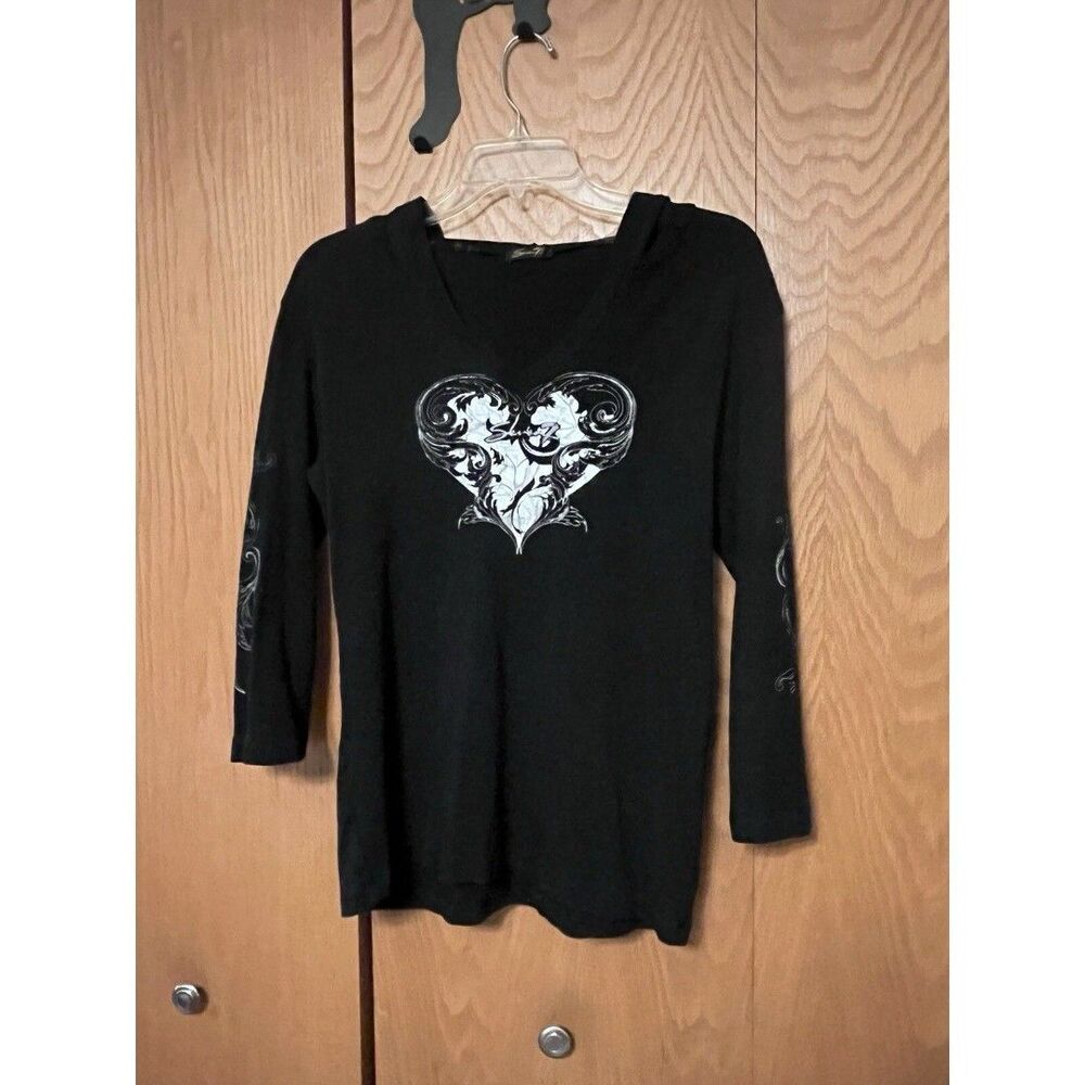 Seven 7 Black Hooded Pullover 3/4 Sleeve Shirt Silver Heart Graphic Women's L
